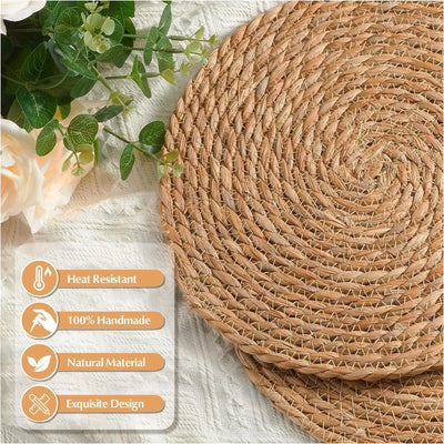 Round Woven Placemats Set – Rustic Braided Wicker Table Mats, Round Rattan Placemats, Farmhouse Weave Place Mats