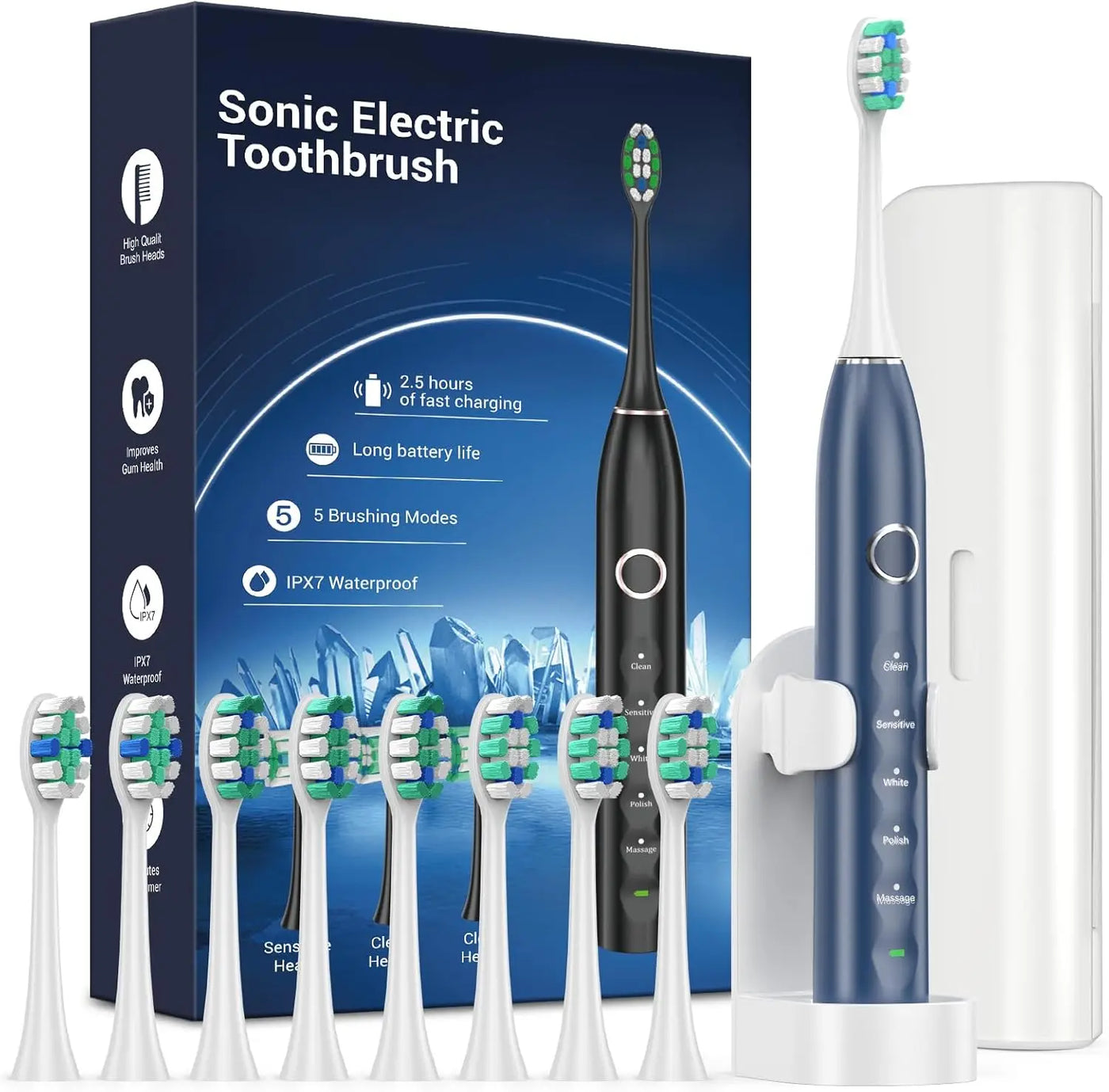 Rtauys S5 Upgraded Sonic Electric Toothbrush for Adults and Kids Ages 12+ with 8 Brush Heads, IPX7 Travel Toothbrush with Case,