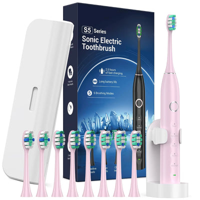 Rtauys S5 Upgraded Sonic Electric Toothbrush for Adults and Kids Ages 12+ with 8 Brush Heads, IPX7 Travel Toothbrush with Case,