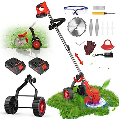 Powsawer Electric Weed Whacker Portable Brush Cutter Mower Cordless Grass String Trimmer Cutter with Wheels 2 Battery 24V 6 inch