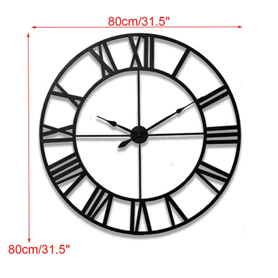 New 80 cm Modern 3D  Large Retro Black Iron Art Hollow Wall Clock Roman Numerals Home Decor