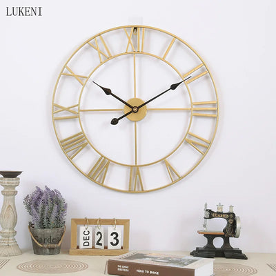 Round 80 Cm Silver Black Gold 3D Large Retro Black Iron Art Hollow  Wall Clock Roman Numerals Watch Clock Home Decor  Wall