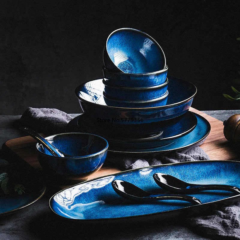 Japanese  Blue Kiln Glazed Ceramic Tableware Set Rice Bowl Plate Spoon Udon Ramen Soup Bowl Dish