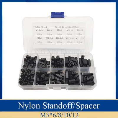 300pcs M3 Nylon Screw Black Hex Screw Nut Spacer Stand-off Varied Length Assortment Kit Box