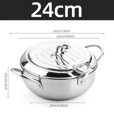 Kitchen Deep Frying Pot with Thermometer and Lid Stainless Steel Pans Japanese Tempura Fryer Pan Fried Chicken Pot Cooking Tools