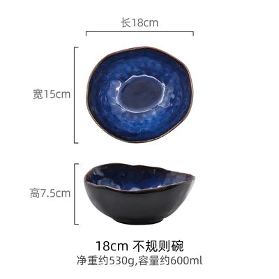 Household Ceramic Dinner Plate European Style Blue Glaze Salad Bowl Irregular Tableware Western Dinner Plate/kitchen Supplies