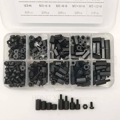 300pcs M3 Nylon Screw Black Hex Screw Nut Spacer Stand-off Varied Length Assortment Kit Box