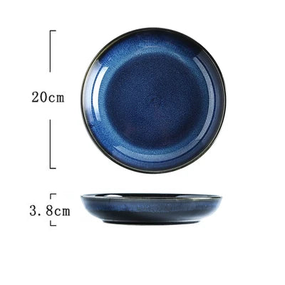 Japanese  Blue Kiln Glazed Ceramic Tableware Set Rice Bowl Plate Spoon Udon Ramen Soup Bowl Dish