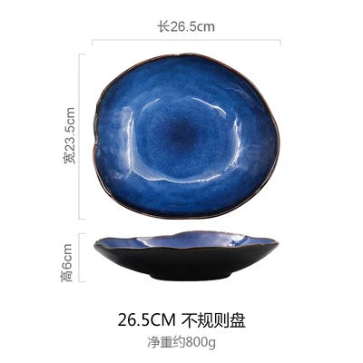 Household Ceramic Dinner Plate European Style Blue Glaze Salad Bowl Irregular Tableware Western Dinner Plate/kitchen Supplies