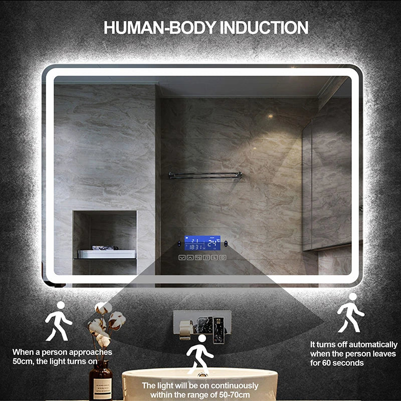 Rectangle Bluetooth Smart Bathroom Makeup Mirror With LED Warm White Light human body induction Anti-fog Beauty Mirrors