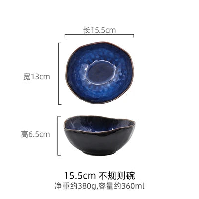 Household Ceramic Dinner Plate European Style Blue Glaze Salad Bowl Irregular Tableware Western Dinner Plate/kitchen Supplies