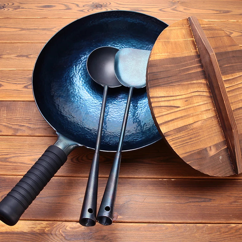 Chinese Iron Woks Set,32/34/36cm Hand Hammered Non-stick Gas Pot and Frying Pan Thickened Uncoated Wok,Wood lid,iron Utensil Set