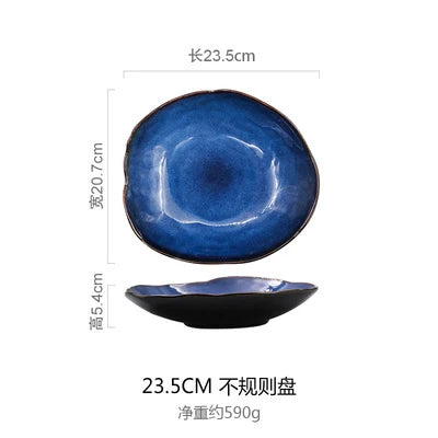 Household Ceramic Dinner Plate European Style Blue Glaze Salad Bowl Irregular Tableware Western Dinner Plate/kitchen Supplies