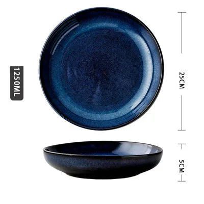 Japanese  Blue Kiln Glazed Ceramic Tableware Set Rice Bowl Plate Spoon Udon Ramen Soup Bowl Dish