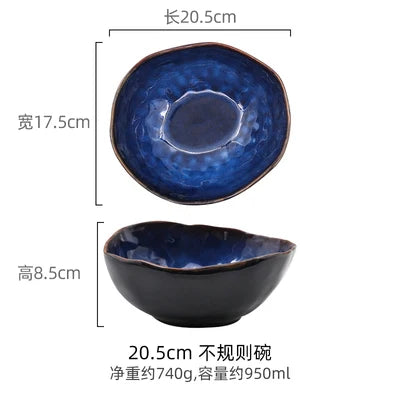 Household Ceramic Dinner Plate European Style Blue Glaze Salad Bowl Irregular Tableware Western Dinner Plate/kitchen Supplies