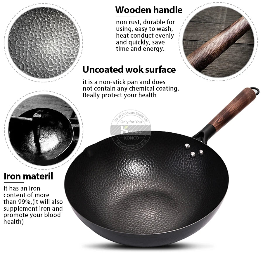 Konco Pure Iron wok cast iron pan Non-coated Pot General use for Gas and Induction Cooker 32cm Chinese Wok Cookware Pan