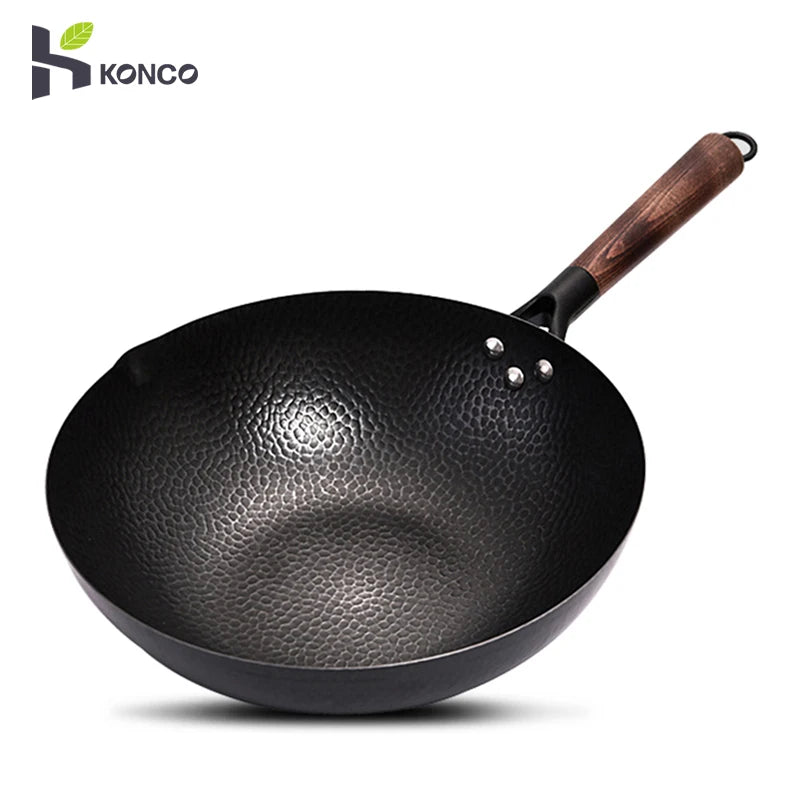 Konco Iron wok Cast iron pan Non-coated Pot General use for Gas and Induction Cooker 32cm Chinese Wok Cookware Pan Kitchen Tools