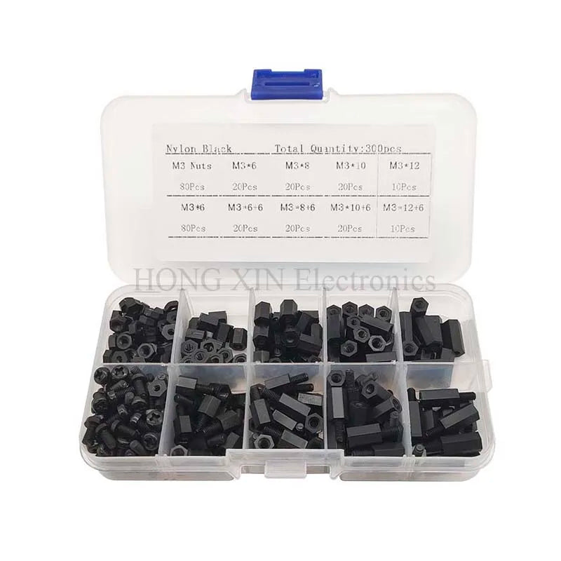 300pcs M3 Nylon Screw Black Hex Screw Nut Spacer Stand-off Varied Length Assortment Kit Box