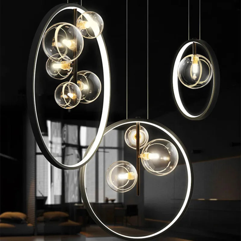 Modern Suspension Round Ring Pendant Light Glass Ball Lampshades Black Dining Furniture Living Rroom Home Decoration Accessories