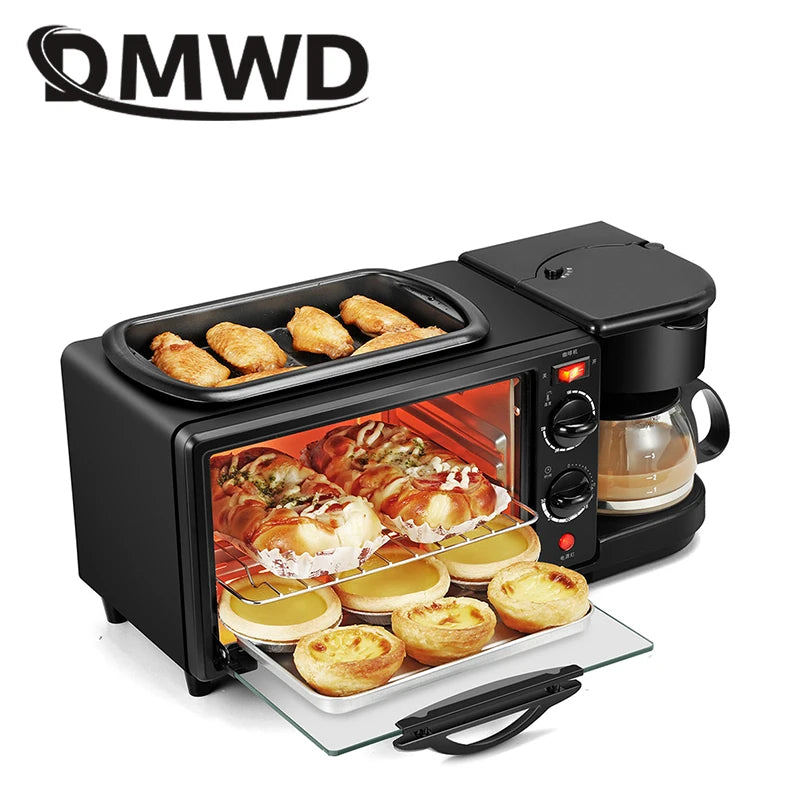 110V Electric Breakfast Machine 3 in 1 Multifunction Breakfast Maker Mini Drip Coffee Maker Bread Pizza Oven Frying Pan Toaster