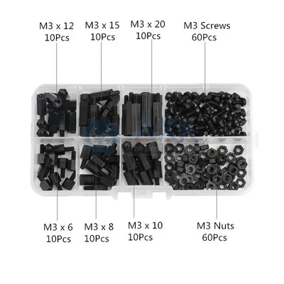 180pcs Black M3 Nylon Hex Spacers Male-Female Screws Nuts Stand-off Kit With Plastic Box For Electronics PC Board Mayitr