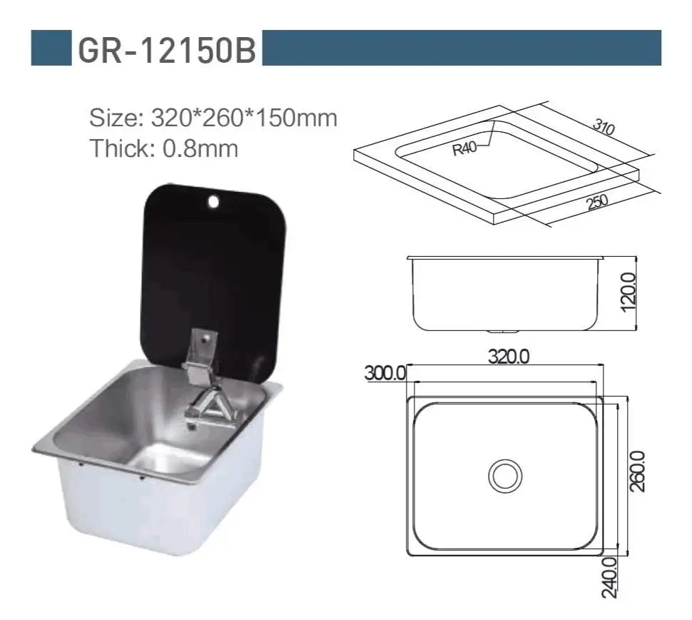 Stainless Steel Sink with Tempered Glass Lid 320*260*150mm GR-12150B Boat RV