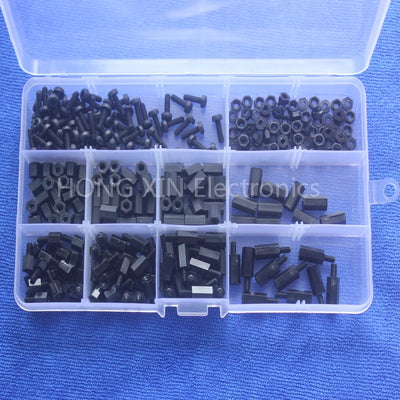 300pcs M3 Nylon Screw Black Hex Screw Nut Spacer Stand-off Varied Length Assortment Kit Box