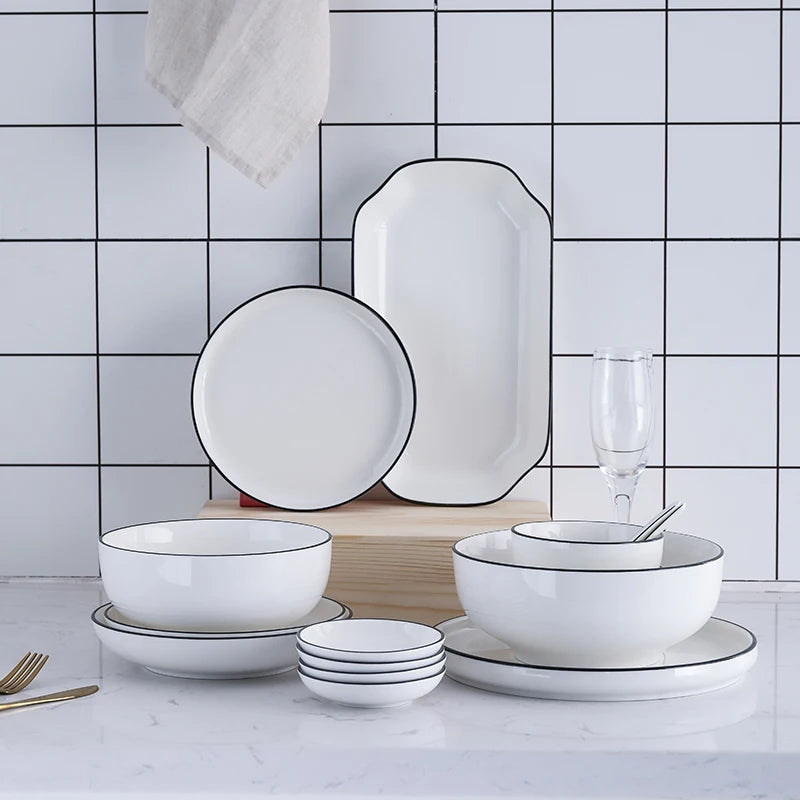 White With Black Edge Dinner Plate Set Ceramic Serving Tray Food Dishes Rice Salad Noodles Bowl Soup Kitchen Dinnerware