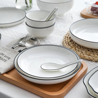 White With Black Edge Dinner Plate Set Ceramic Serving Tray Food Dishes Rice Salad Noodles Bowl Soup Kitchen Dinnerware