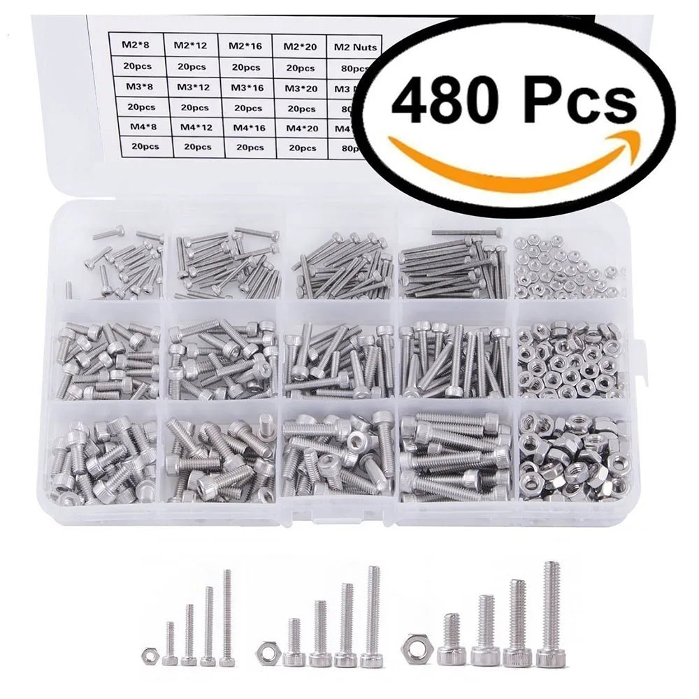 480PCS Screw and Nut Kit Assorted Hex Socket Head Cap Bolts Nuts M2/M3/M4 Stainless Steel Screw and Nuts Hex Socket Screws Set