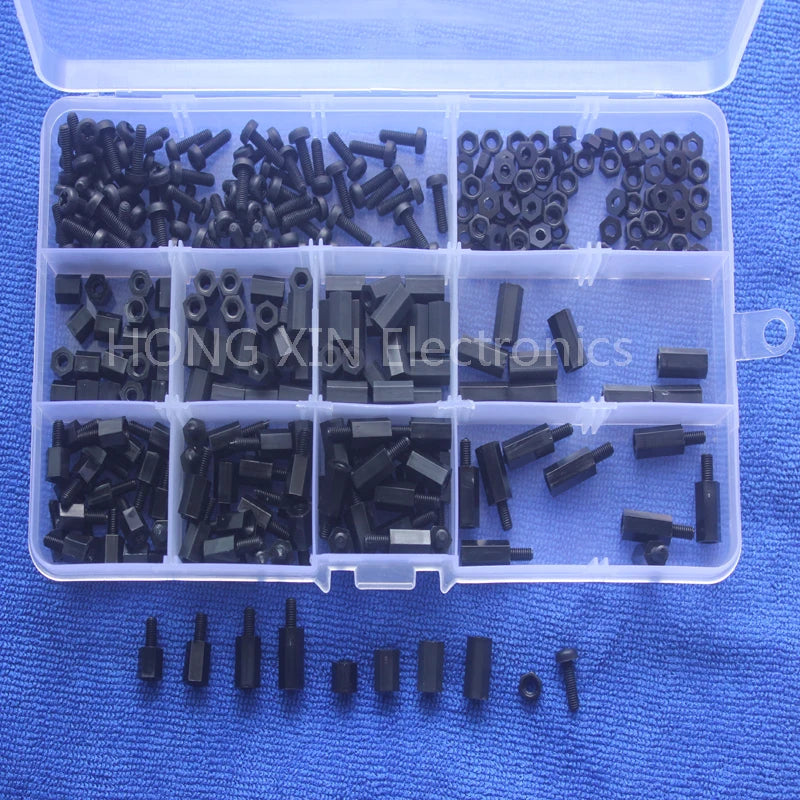 300pcs M3 Nylon Screw Black Hex Screw Nut Spacer Stand-off Varied Length Assortment Kit Box