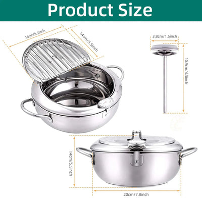 Kitchen Deep Frying Pot with Thermometer and Lid Stainless Steel Pans Japanese Tempura Fryer Pan Fried Chicken Pot Cooking Tools