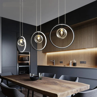 Modern Suspension Round Ring Pendant Light Glass Ball Lampshades Black Dining Furniture Living Rroom Home Decoration Accessories