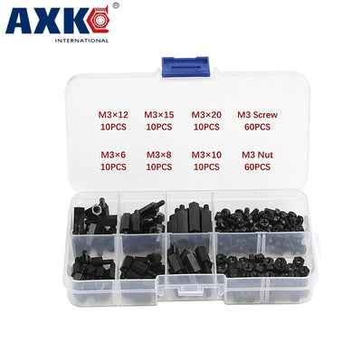 180pcs Black M3 Nylon Hex Spacers Male-Female Screws Nuts Stand-off Kit With Plastic Box For Electronics PC Board Mayitr