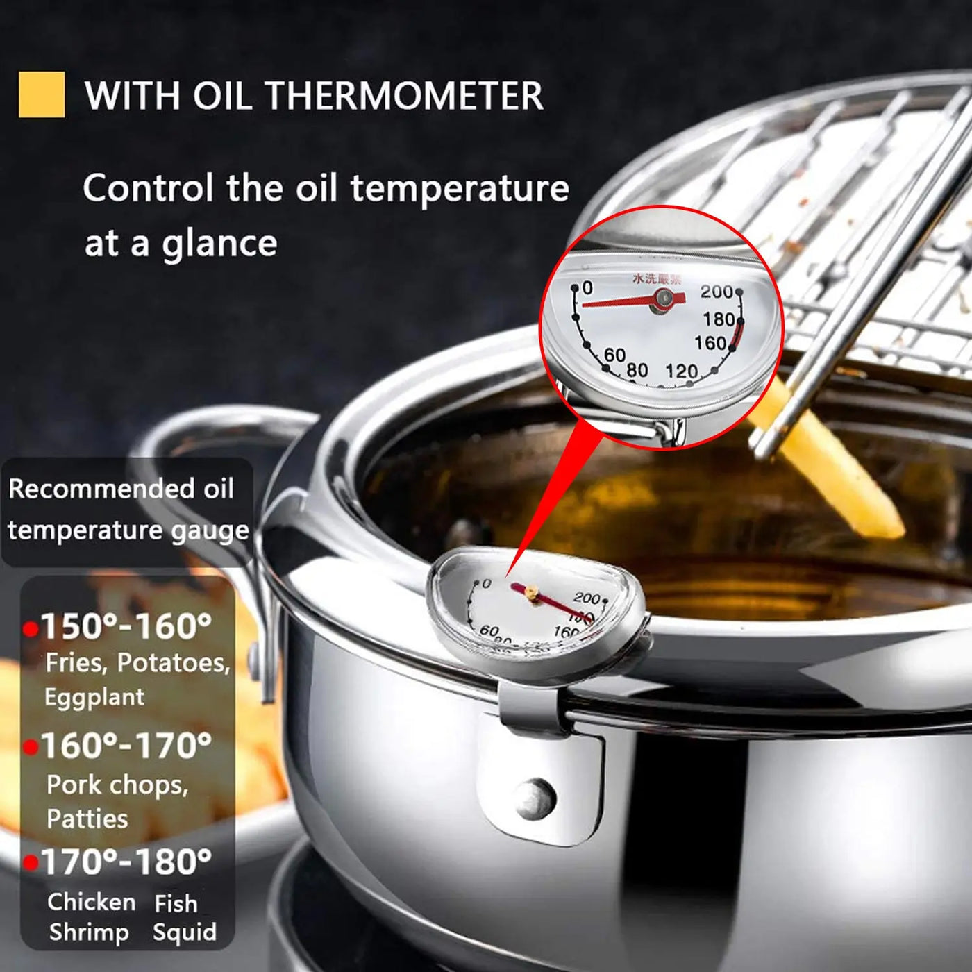 Kitchen Deep Frying Pot with Thermometer and Lid Stainless Steel Pans Japanese Tempura Fryer Pan Fried Chicken Pot Cooking Tools