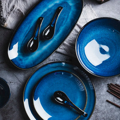 Japanese  Blue Kiln Glazed Ceramic Tableware Set Rice Bowl Plate Spoon Udon Ramen Soup Bowl Dish