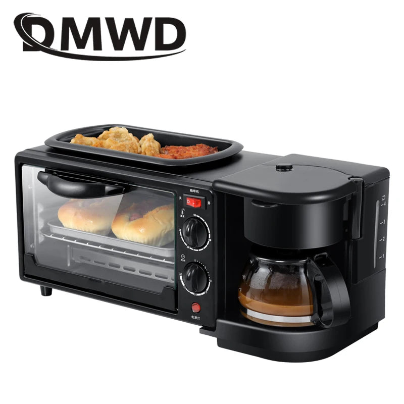 110V Electric Breakfast Machine 3 in 1 Multifunction Breakfast Maker Mini Drip Coffee Maker Bread Pizza Oven Frying Pan Toaster