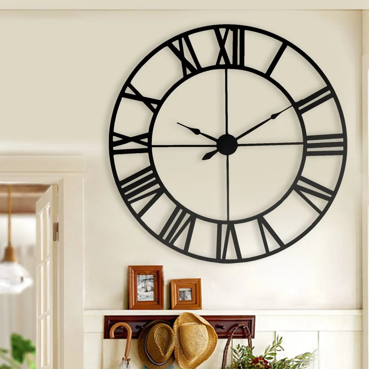 New 80 cm Modern 3D  Large Retro Black Iron Art Hollow Wall Clock Roman Numerals Home Decor