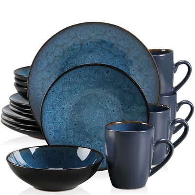 VANCASSO BUBBLE 16/32/48-Piece Tableware Set Vintage Ceramic Blue/Brown Stoneware Set with Dinner&Dessert Plate,Bowl,Coffee Cups