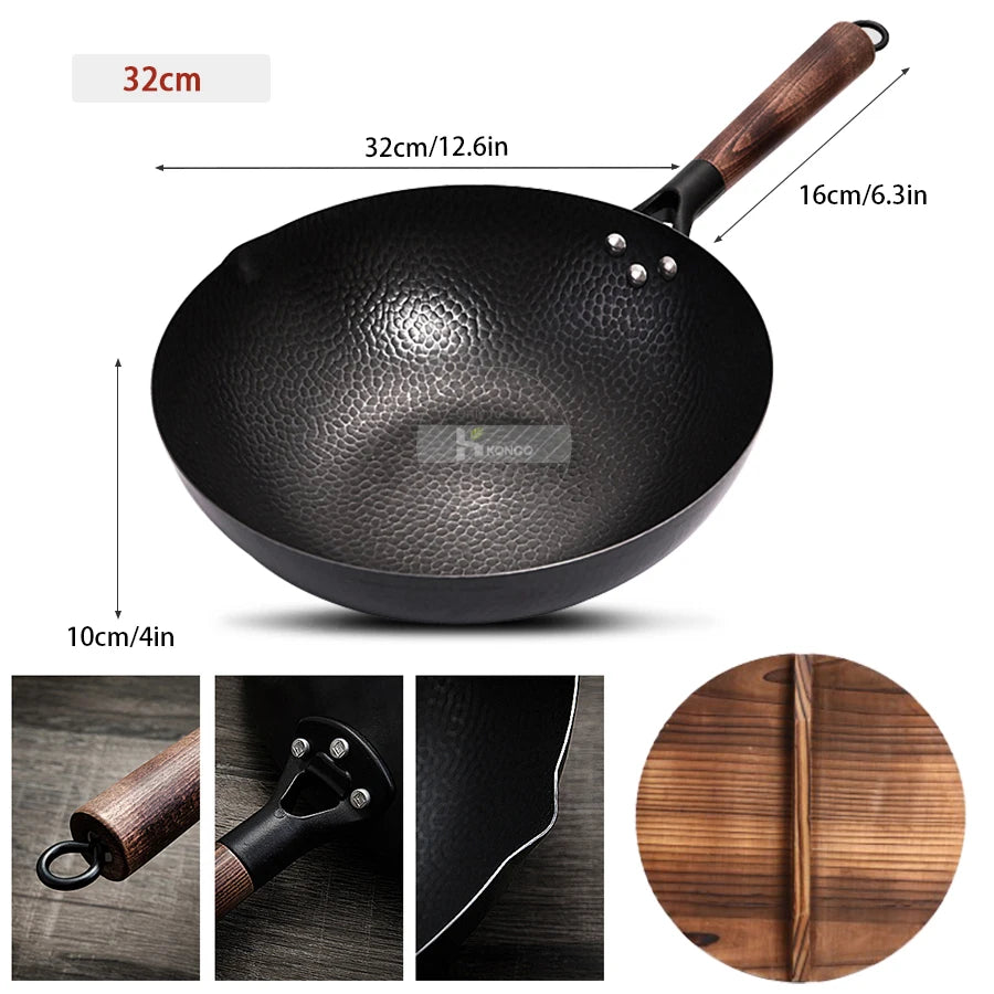 Konco Iron wok Cast iron pan Non-coated Pot General use for Gas and Induction Cooker 32cm Chinese Wok Cookware Pan Kitchen Tools