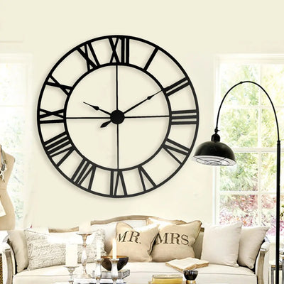 New 80 cm Modern 3D  Large Retro Black Iron Art Hollow Wall Clock Roman Numerals Home Decor