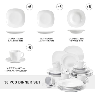 MALACASA Elisa 30-Piece Ceramic Porcelain Tableware Dinner Set Cups,Saucers,Dinner Soup Dessert Plates Set Service for 6 Person