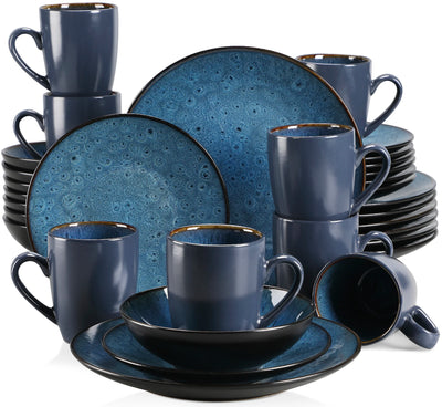 VANCASSO BUBBLE 16/32/48-Piece Tableware Set Vintage Ceramic Blue/Brown Stoneware Set with Dinner&Dessert Plate,Bowl,Coffee Cups