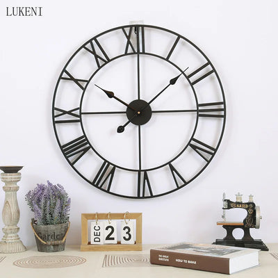 Round 80 Cm Silver Black Gold 3D Large Retro Black Iron Art Hollow  Wall Clock Roman Numerals Watch Clock Home Decor  Wall