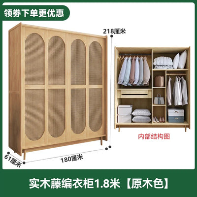 Solid Wood Wardrobe Home Bedroom Small Apartment Closet American Style French Style Retro Wardrobe Rattan Sliding Door Wardrobe