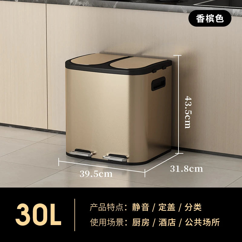 Kitchen Classification Garbage Bin 2-in-1 Household Dry Wet Separation Stainless Steel Pedal Double Bin with Lid Large Capacity