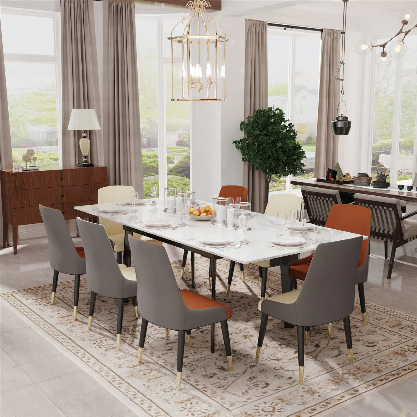 Extendable Kitchen Dining Table: 59"-70.9" Rectangular Sintered Stone Retractable Table for 6-8 Person - White Push-Pull