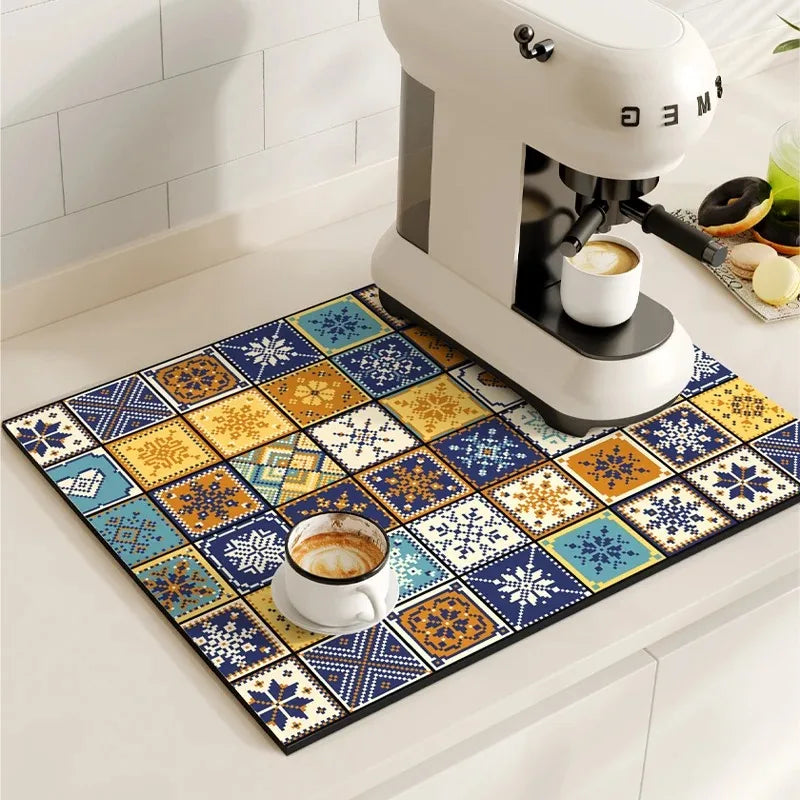 Coffee Maker Mat Retro Dish Drying Mats for Kitchen Non-slip Draining Pad Quick Dry Tableware Placemat Dinnerware Washable