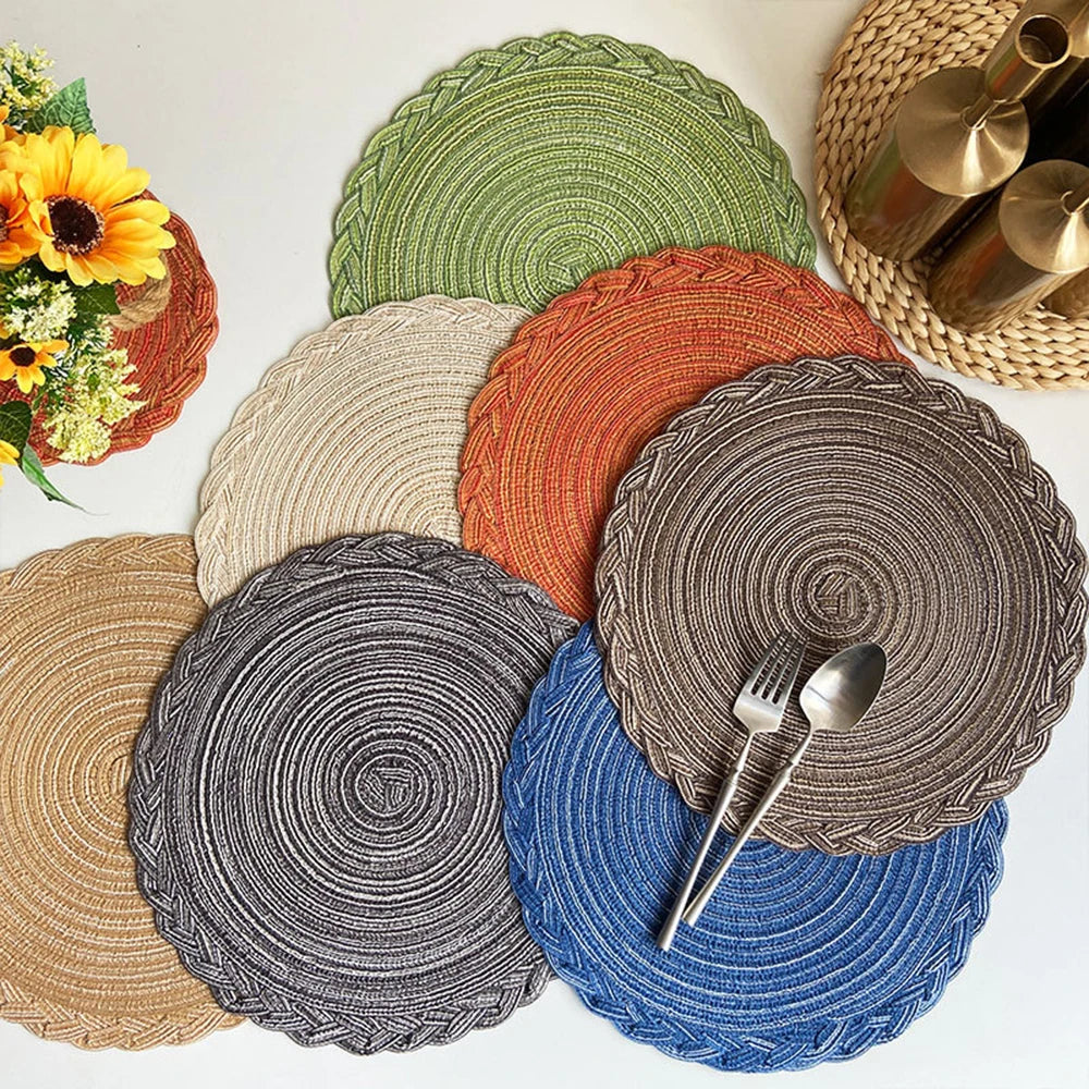 4pcs Woven Ramie Placemats Round Table Mat Anti Slip Dining Table Mats Non-Slip Tableware Bowl Pads Kitchen Drink Cup Coasters