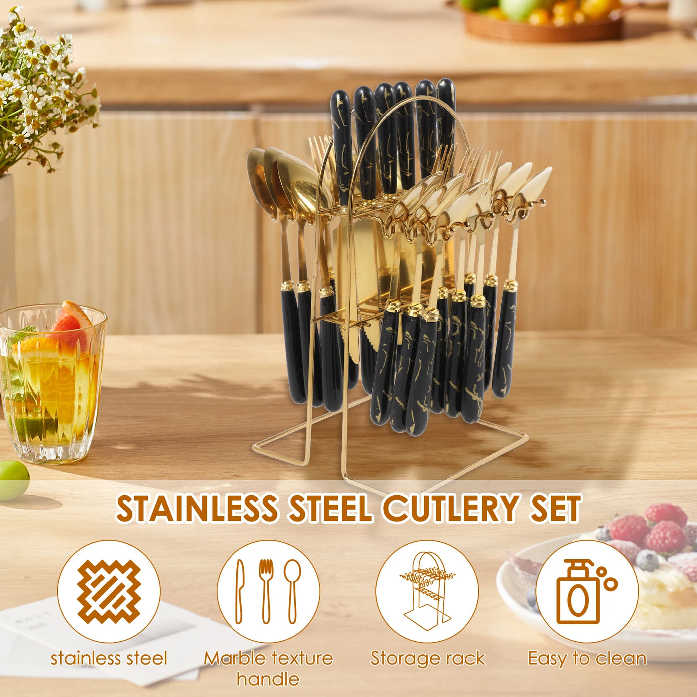 24Pcs Cutlery Set Kitchen Tableware Stainless Steel Mirror Dinnerware Dinner Tea Spoon Fork Knife Western Silverware Flatware